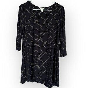 Soma Tunic Top Blouse Shirt Geometric Print Black Gold 3/4 Sleeve Scoop Neck M